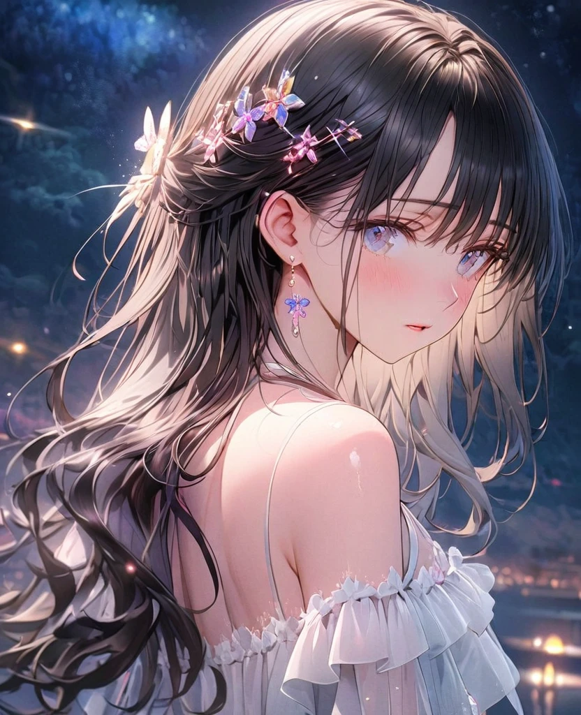 8k,Ephemeral beauty,Very delicate and beautiful,Beautiful and realistic skin,Shiny Hair,Black Hair、Long and colorful hair,Beautiful Eyes,Beautiful night sky、shy、Hair is half-up without any hair accessories、small jewel pin、No earrings、No piercing、Shy、White frilly outfit