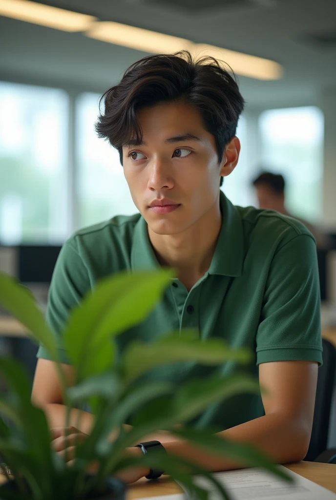 refreshing Early 20s male Center Part, looking at an office plant, wearing green polo neck shirt, in a corporate office