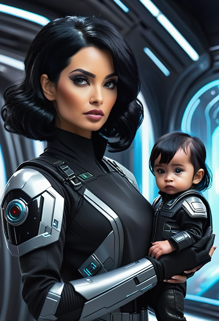 a beautiful woman with black hair, in futuristic intergalactic agent clothes, she holds a very small man in the palm of her hand, reduced to a miniature size