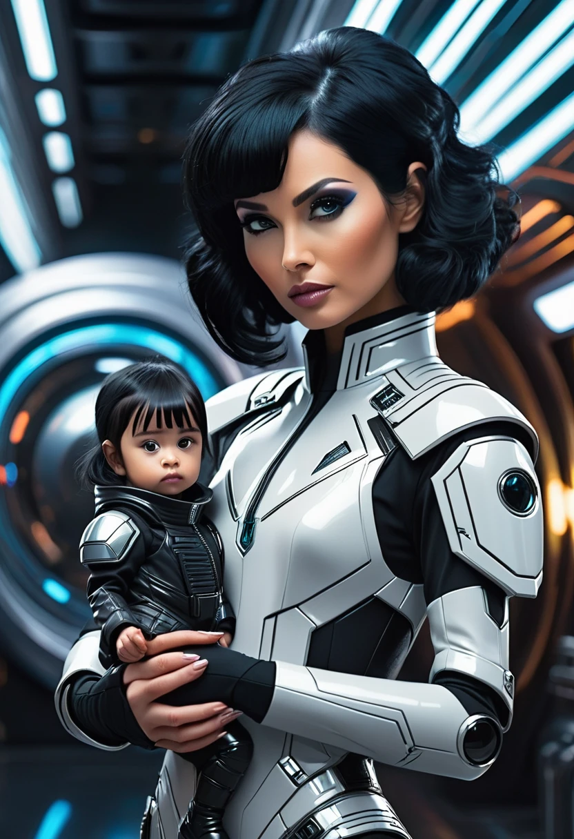 a beautiful woman with black hair, in futuristic intergalactic agent clothes, she holds a very small man in the palm of her hand, reduced to a miniature size