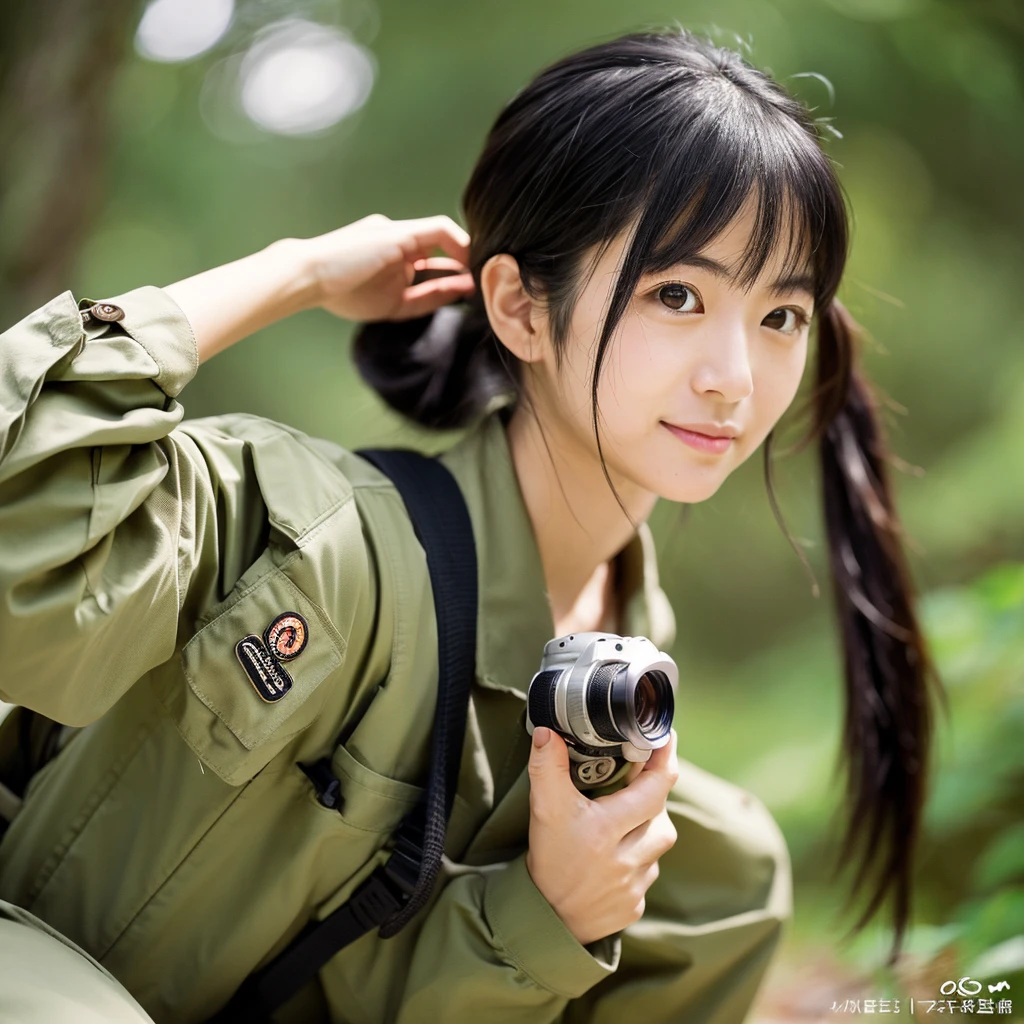"Candid image of a Japanese female wildlife photographer in her 30s, slight asymmetry,heart-shaped face, focused large eyes, cute button nose, determined expression, long black hair in a messy ponytail, figure in khaki outdoor clothing, crouched with a professional camera"