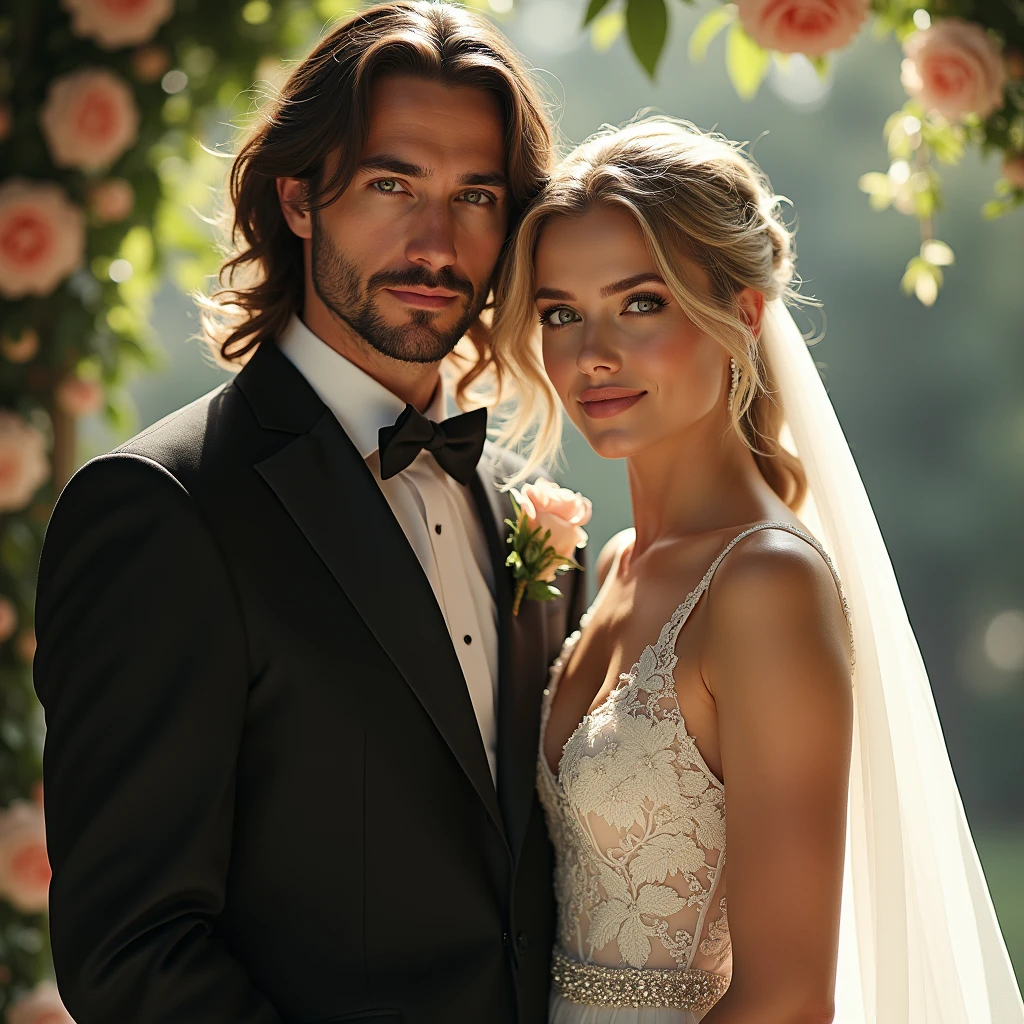 A long-haired man and a blonde woman, they are the bride and groom looking at the camera