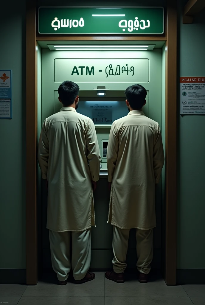 Generate a picture of two men ,age 26 years, wearing shalwar qames waiting depressed in ATM for his salary. " Tariq khan " and " khalid khan " names must be written in ATM wall clearly.