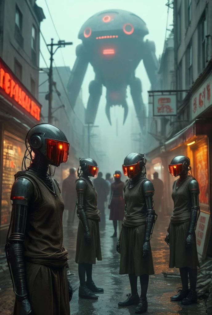 Creer une cite futuriste. Avec une femme quon voit dedos habillé en rouge allure humanoids en gace de bâtiment en béton style futuriste flottant fans le ciel, qualité 4,k,cinema, masterpiece