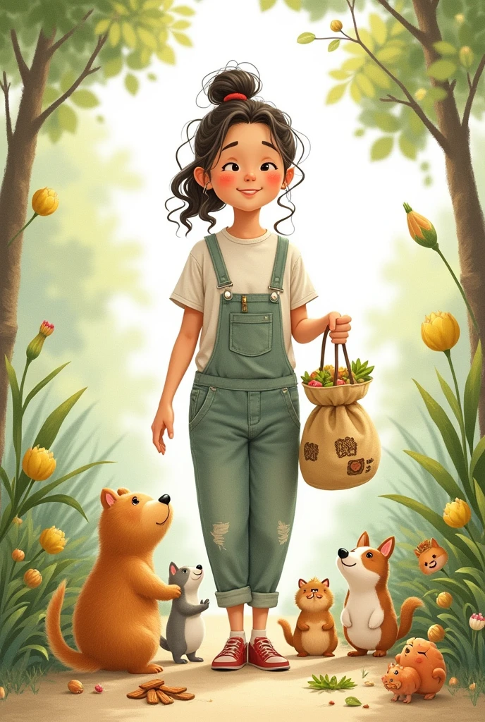 person with a bag of food to give to animals in their hand drawing