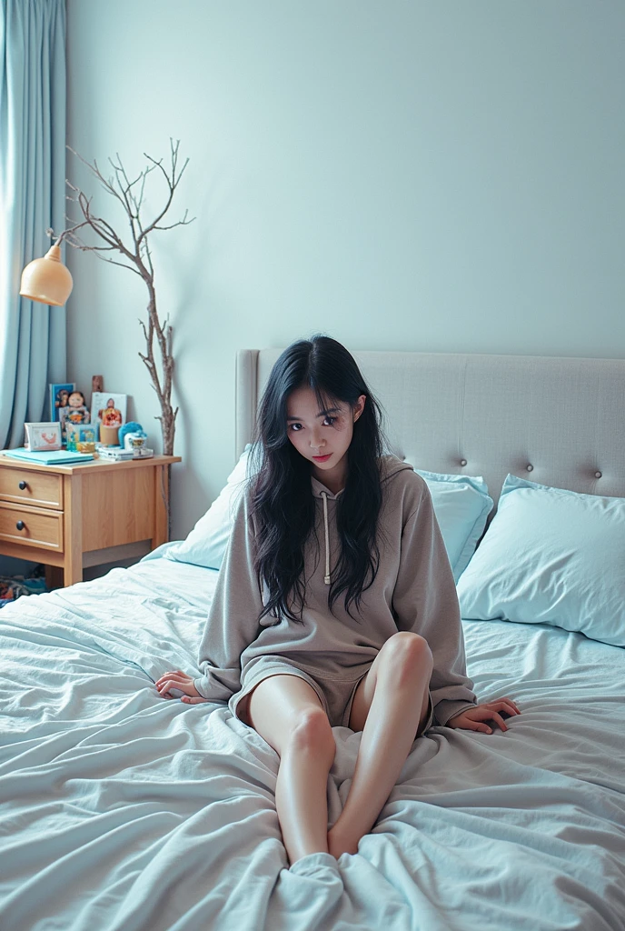 photorealistic image of a woman, ultrarealistic, photography, straight black hair, indonesian woman, small breasts, double eyelids,  boy messy bedroom, inside boyfriend bedroom, oversized hoodie, mid part hair, sexy body