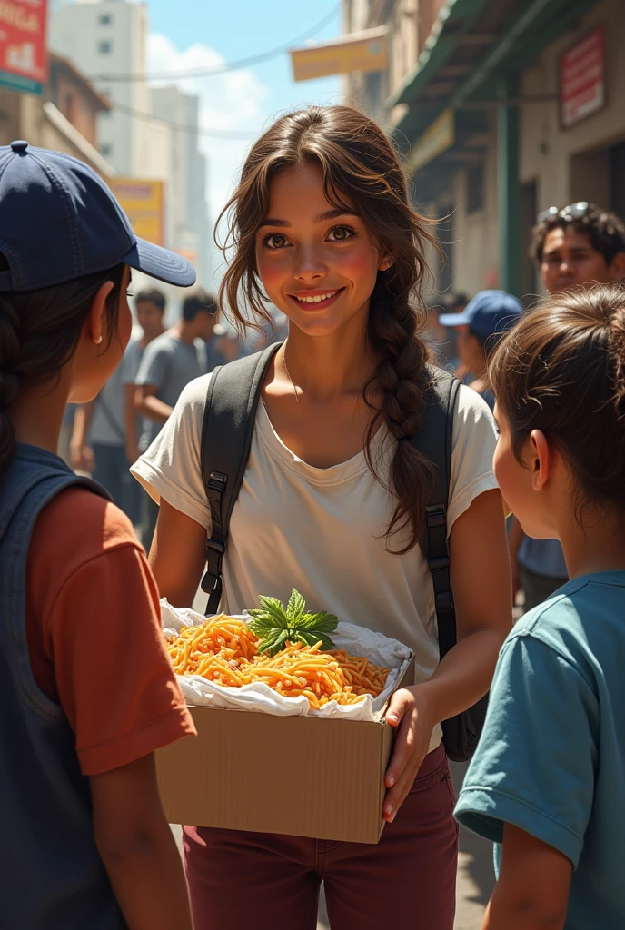 rosa, Now a teenager, delivering food and clothing to people in need on the streets of Lima. She is shown smiling and talking to the poor and sick.. A little older
