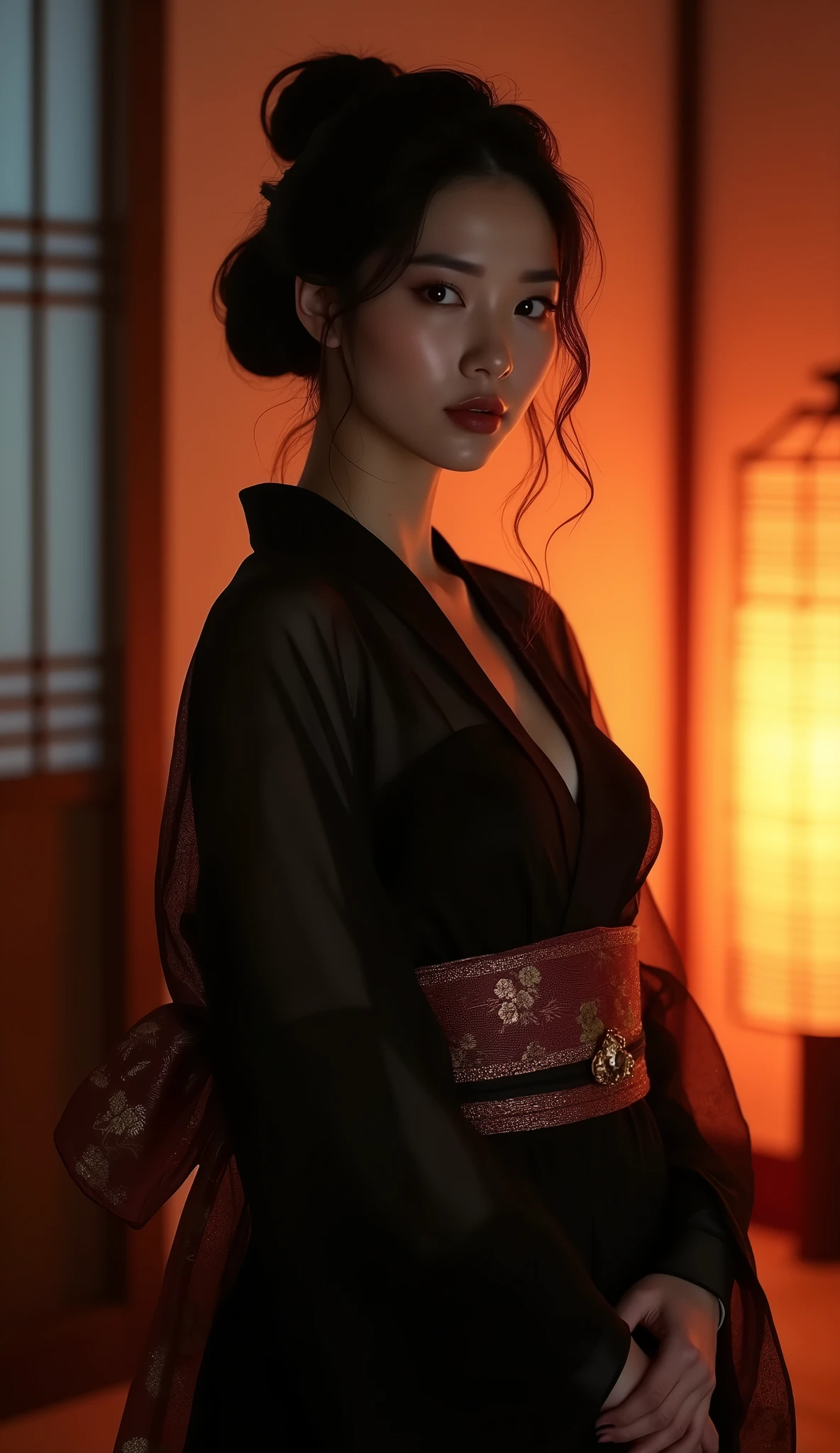 (A world-famous beauty model, 30 years old, (Eastern European:0.8), Diao Chan), (very elegant, beautiful and exotic face), ((beautiful wavy hair, light black hair):1.1), (clear eyes, detailed eyes, Shining pure purple eyes), bright pupils, sexy thick lips, long beautiful upper eyelashes), skin dantation, She is a very gorgeous and stunning woman, (Her voluptuous body is visible even through the thin, black, gauze kimono she only wears to sleep at night), (her body_line is in a seductive pose), (she has a perfect body_line), (her body_line has beautiful_shaped_breasts:1.4), (her body_line has beautiful_long_legs), (her body_line is great figure), (her body_line is great body), ((Best Quality, 8k, absurdres)), high-resolution RAW color photo pro photo, incredible high resolution, super detailed, traditional Japanese interior at night, The only indoor lighting is a warm and faint orange light, semi-backlit