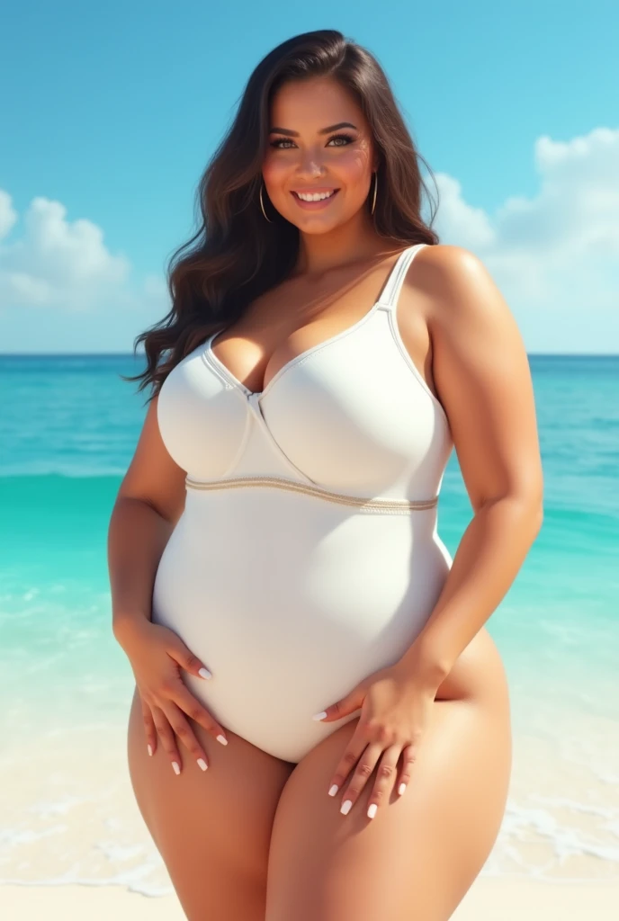 A chubby girl in a white full-body swimsuit