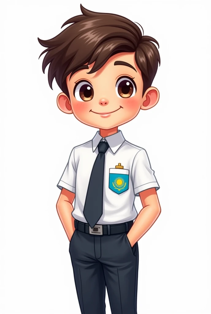 ((officially)) ((masterpiece)) ((Best quality)) ((detailed)) cartoon boy schoolboy in school uniform with emblem flag of Kazakhstan on pocket on white background
