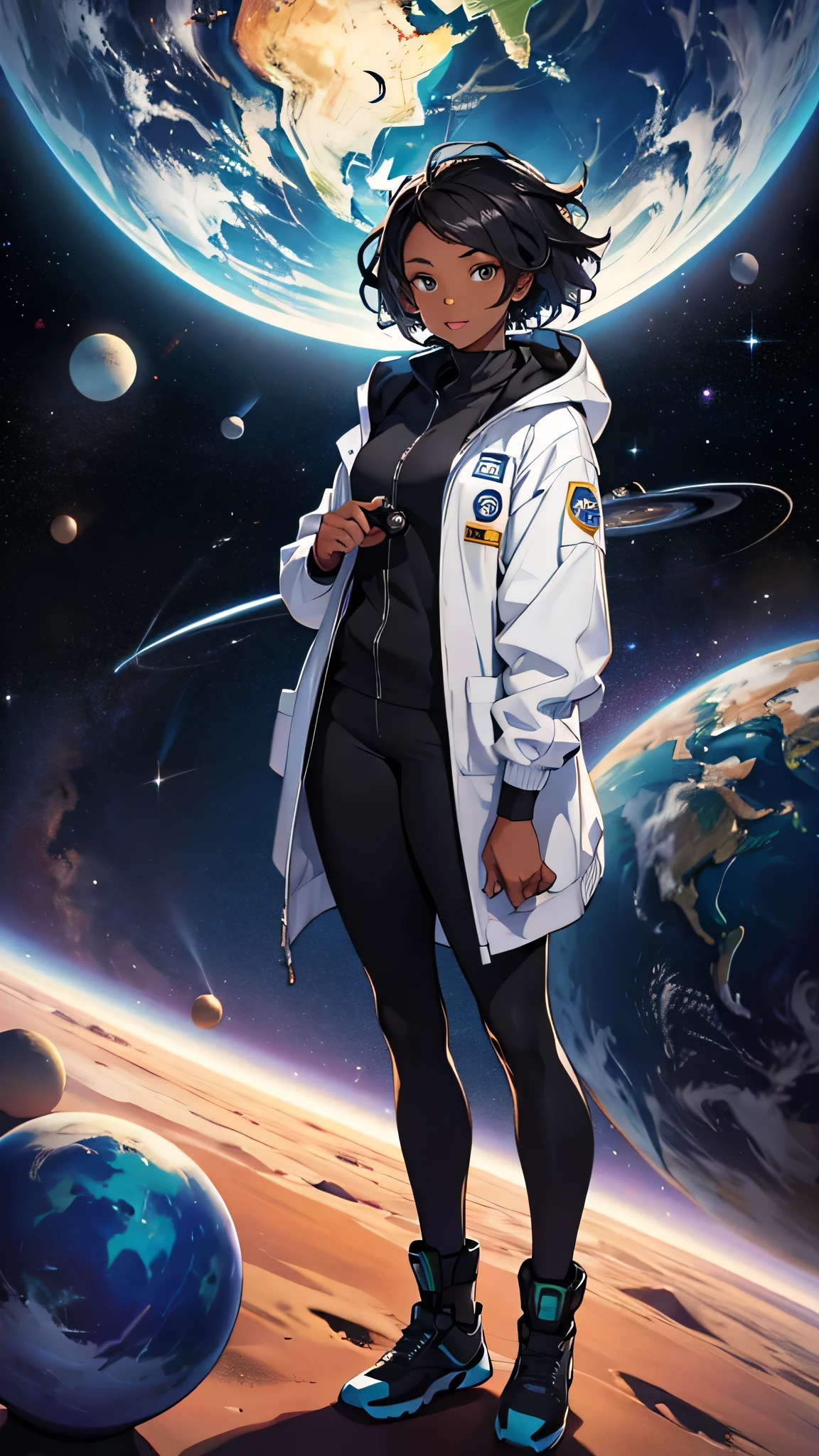black female science presenter looking at camera with planets in background