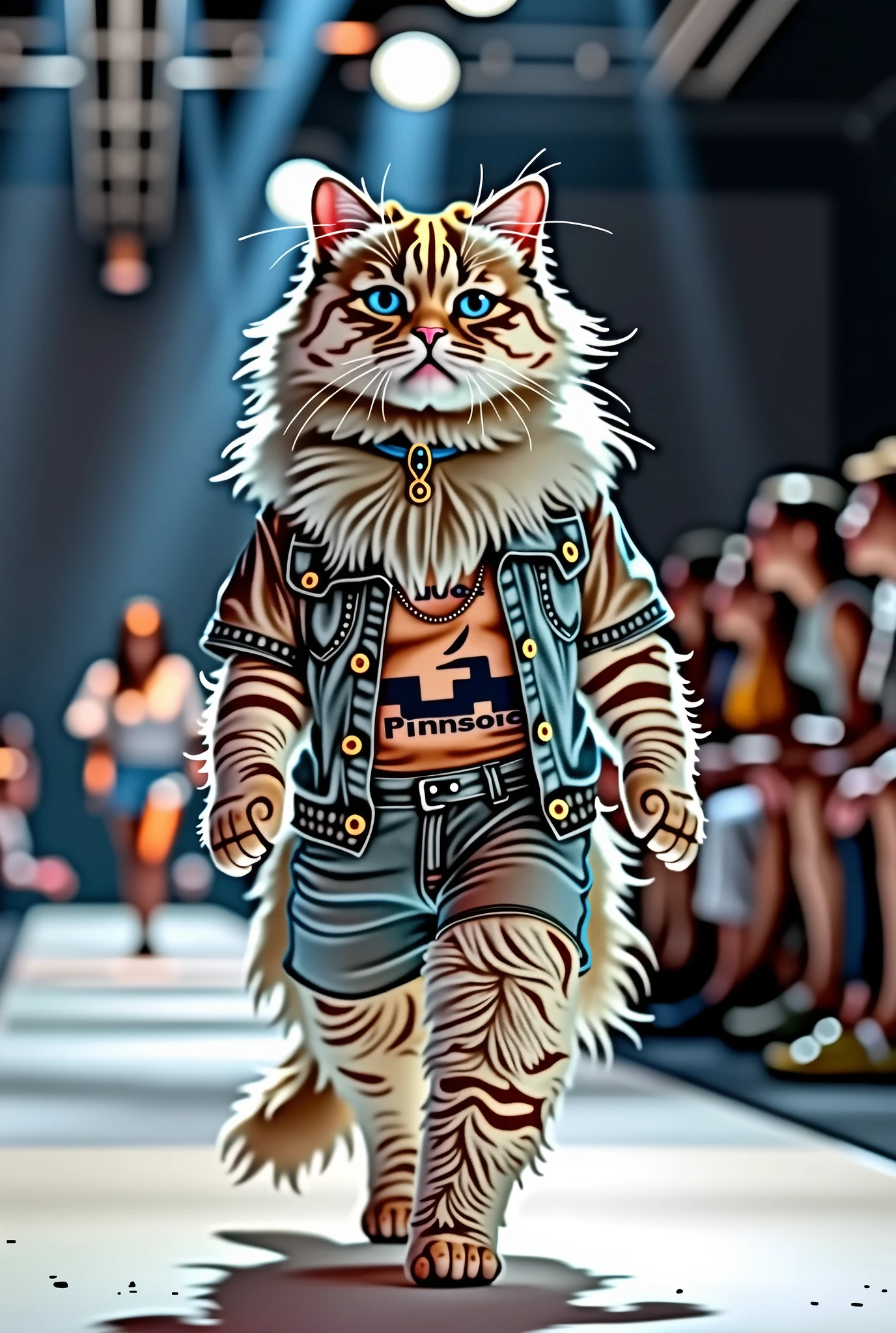Himalayan cat wearing t-shirt with jeans chiton set in fashion show full body photo real as in real life
