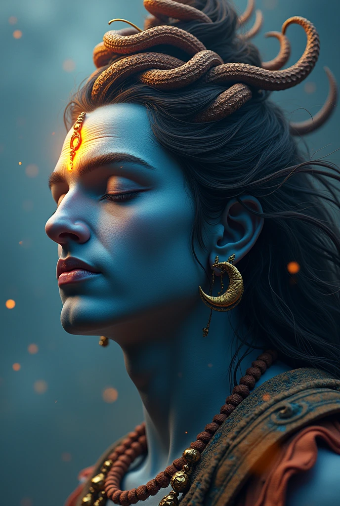 In this captivating image, Lord Shiva, s depicted with a serene countenance, adorned with a crown of intertwined serpents. His third eye, symbolizing wisdom and insight, emanates a gentle glow, while the crescent moon adorns his matted locks.