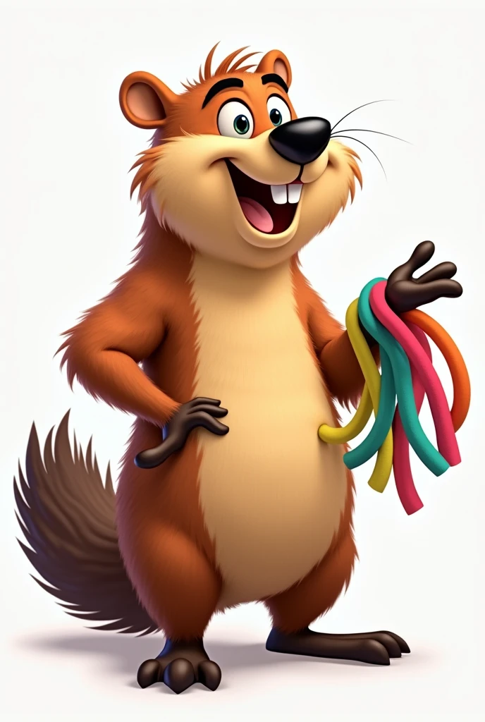 I want to create an image of an animated beaver, hominid, without clothes and holding in his right hand some colored hoses, and with the left hand he is greeting, May your expression be one of happiness.