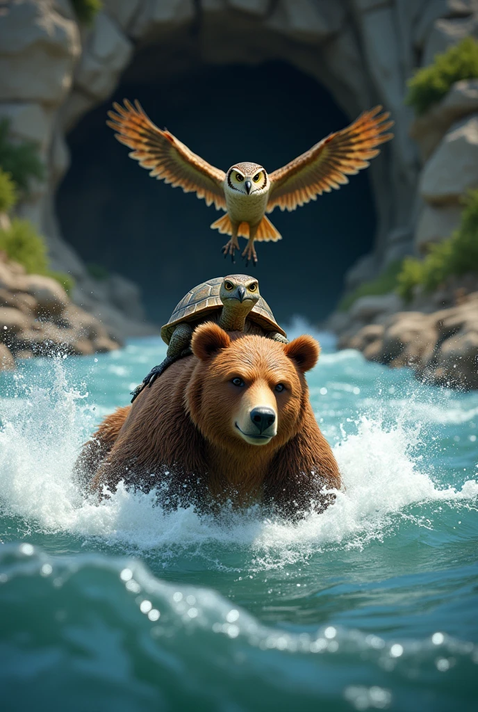Scene 3: Crossing the River
Prompt: "A wide, fast-flowing river with a strong current. Benny the Bear is in the water, carrying Tara the Tortoise on his back as he swims across, while Ollie the Owl flies overhead, watching out for any dangers. The scene captures their teamwork as they safely cross the challenging river together."
Scene 4: Facing the Fierce Wind at the Cave
animal animation photo