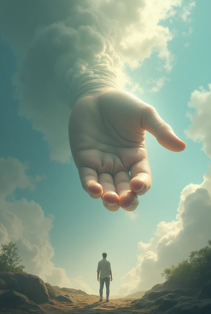 A GIANT HAND COMING down
FROM HEAVEN ON A MAN WHO IS STANDING IN FRONT OF THE HAND