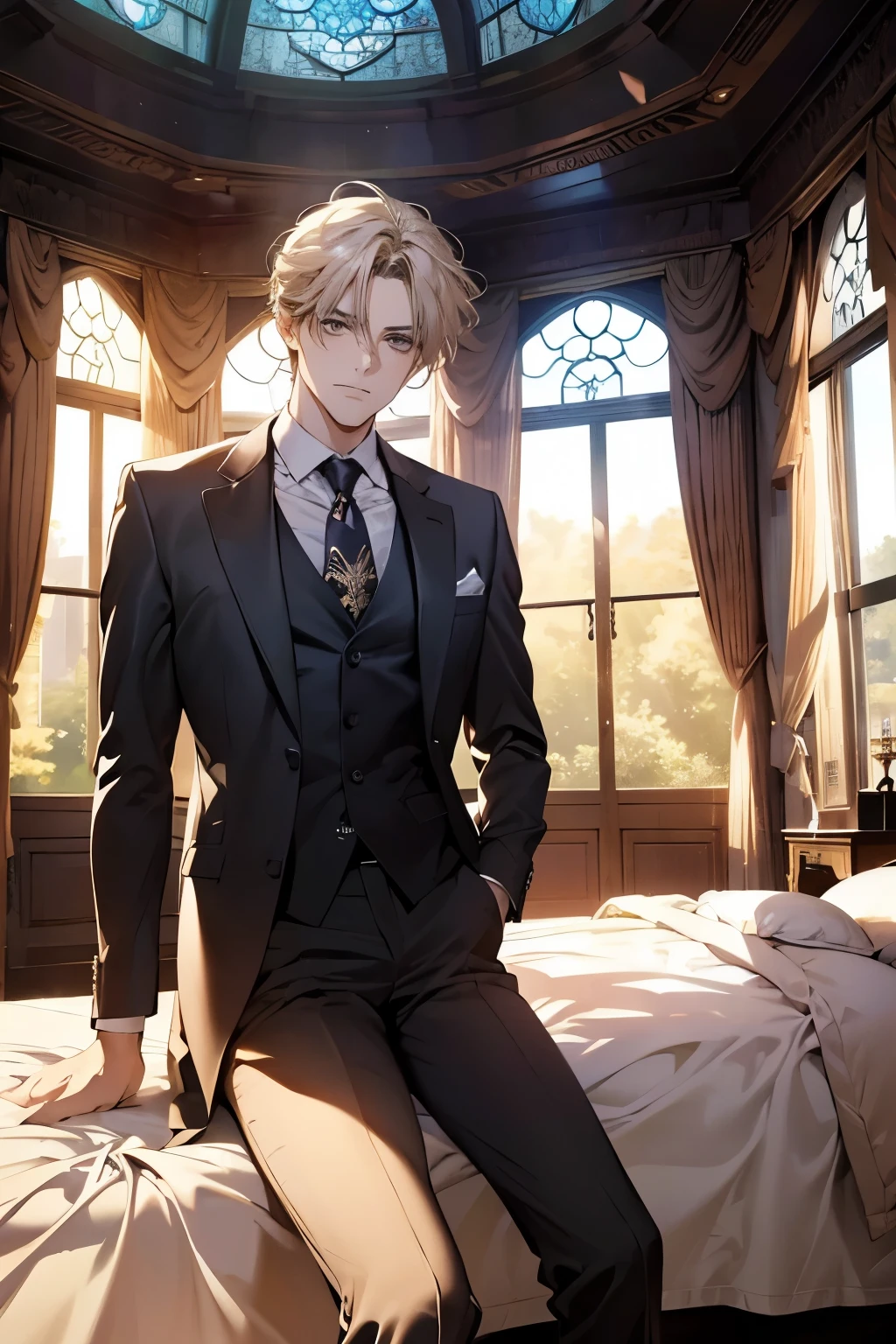 (best quality, 4K, high resolution, masterpiece: 1.2), Wearing a suit、Professional man wearing a tie, Serious expression, Sitting in a spacious, Fantasy Room. Sunlight shines in through the large bay window，illuminates the whole scene. Sitting on the bed, Looking at the camera calmly

