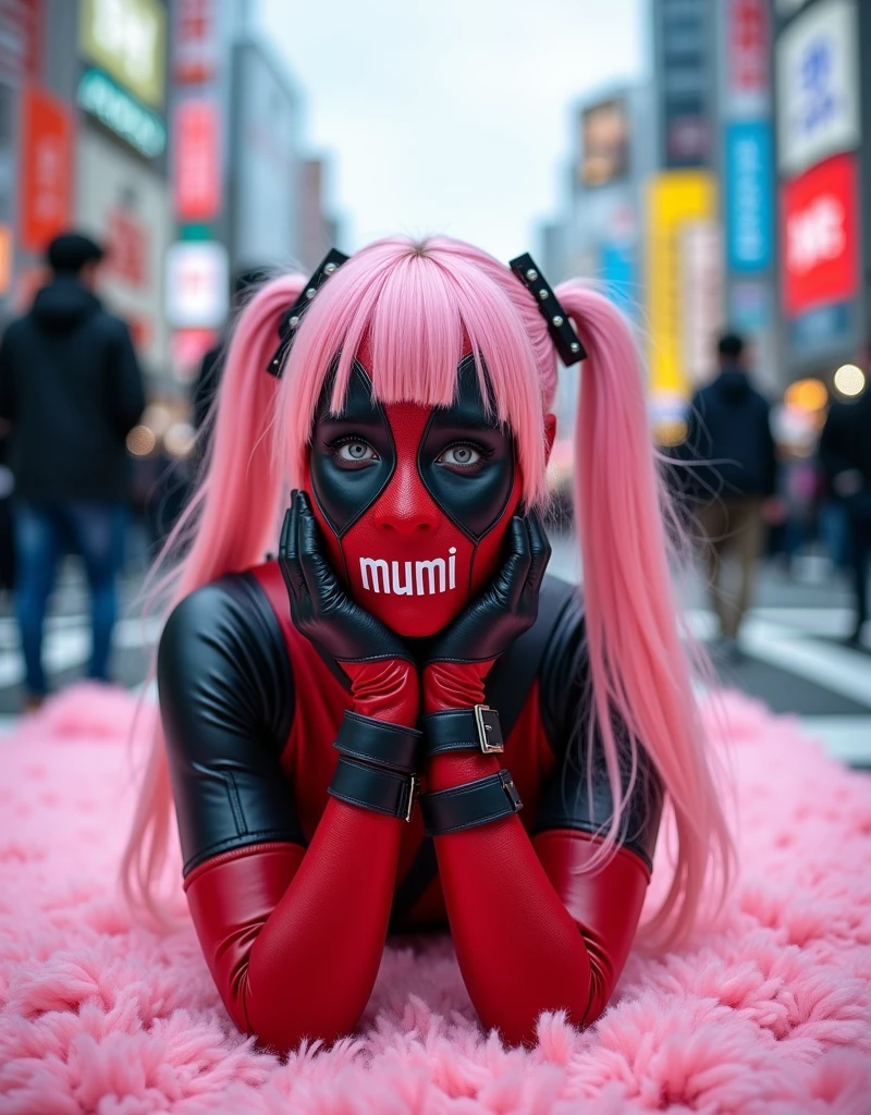 ((Highest quality)), ((masterpiece)), (photograph), ((Japanese women)), ((Deadpool costume and mask)), (((The word "mu mi" is written in white letters on the mouth.))), Deadpool woman with pink hair and twin tails, Lying on a fluffy pink bath mat at Tokyo's Scramble Crossing, Surrounded by passers-by, (from side),
