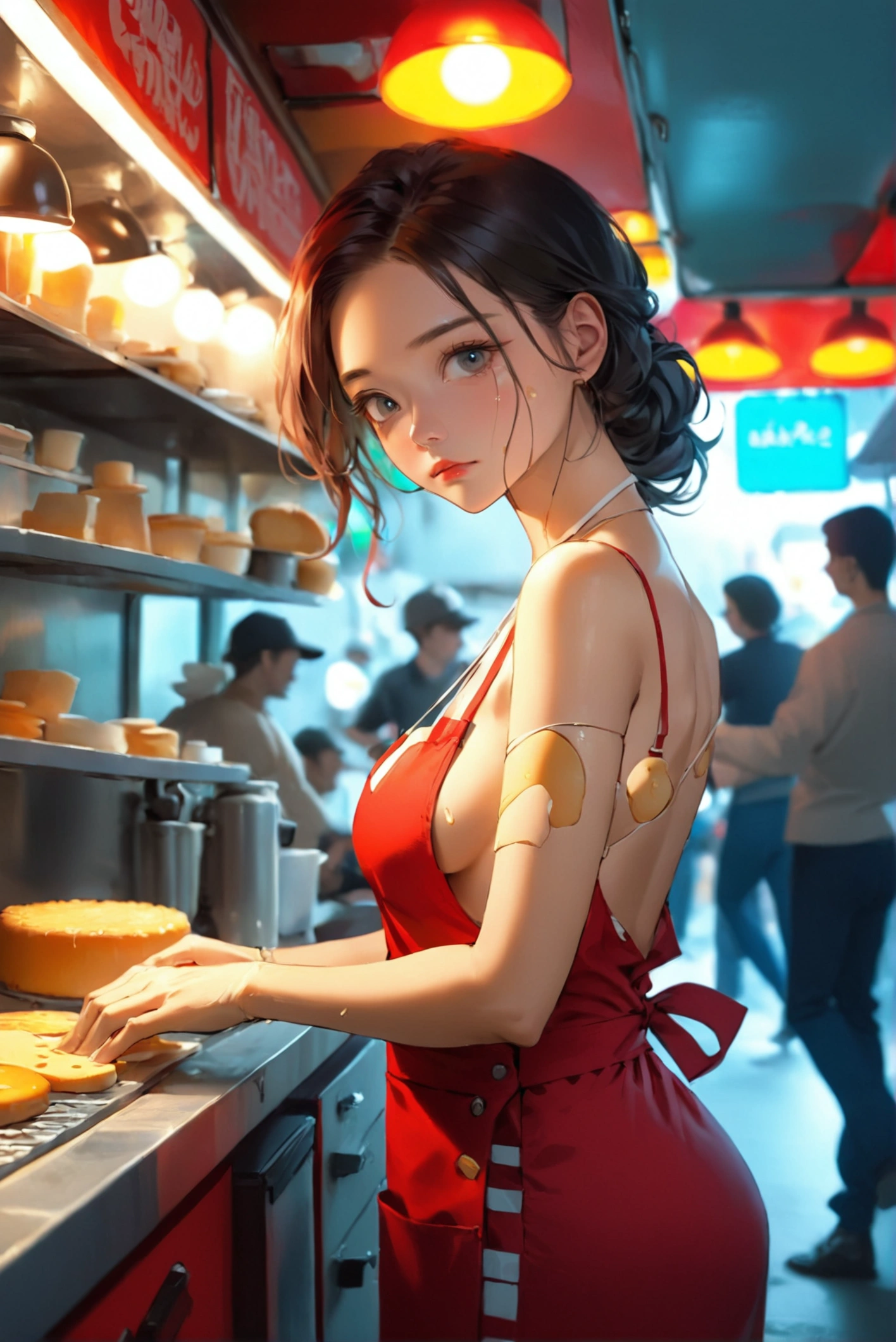 Female barista ,in a food truck ,wearing red apron,cleavage, cheese melting over body, 