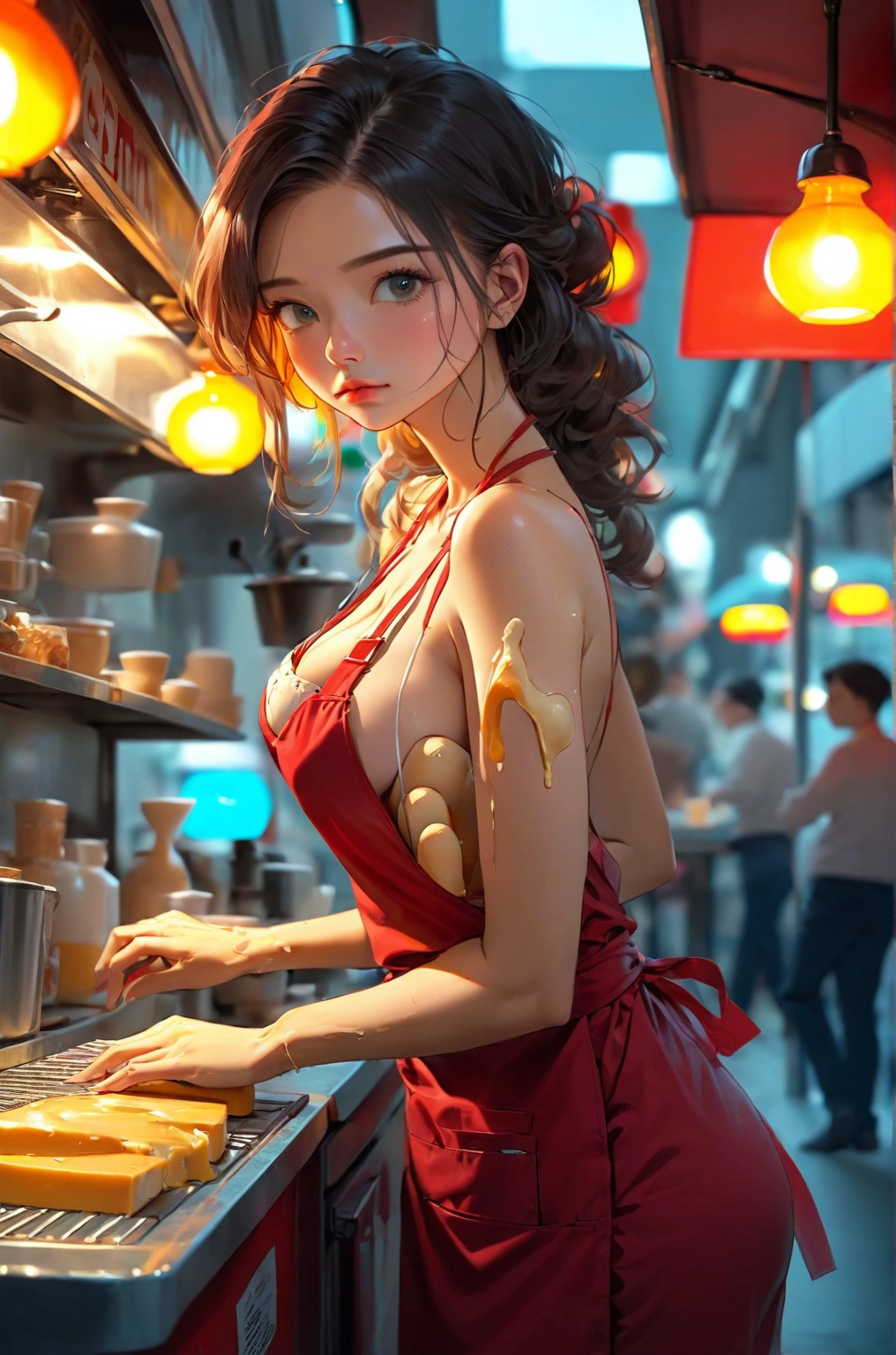 Female barista ,in a food truck ,wearing red apron,cleavage, cheese melting over body,