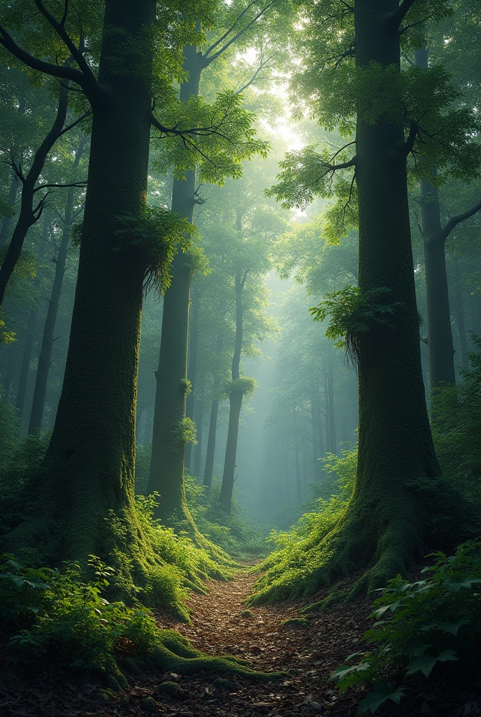 Trees in a Forest:** Show a dense forest scene where some trees are taller and blocking sunlight from reaching smaller trees beneath them. The taller trees could be depicted as having more robust leaves, while the smaller trees may look less healthy due to limited light.