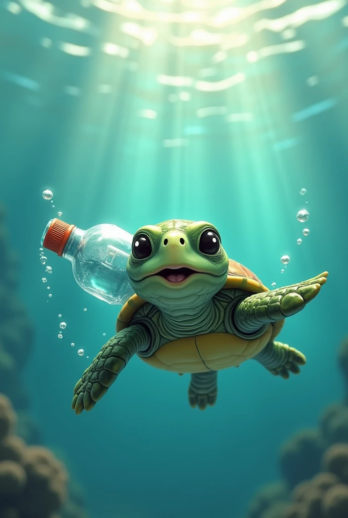 Drawing of a turtle swimming terrified with a plastic bottle covering its mouth, the turtle must be cute