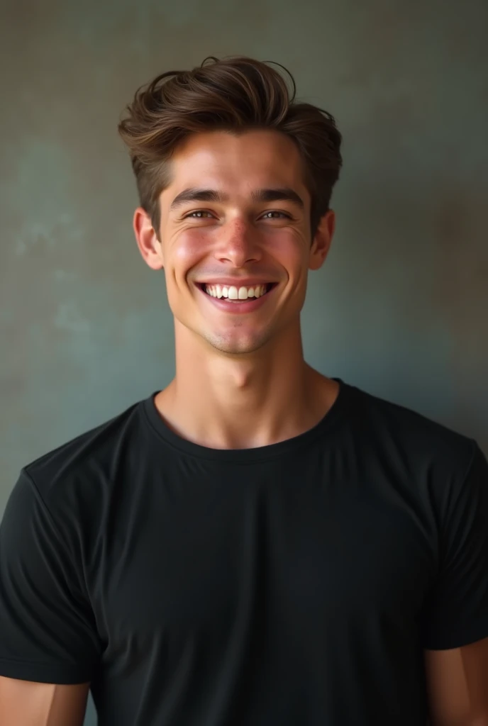 (photorealism:1.2),young man with short hair wearing black t-shirt, standing and smiling
