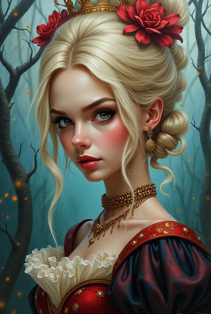 The Duchess of Alice in Wonderland but blonde and with dark eyes and with pepper
