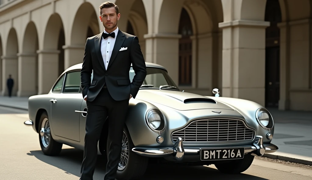Liam Hemsworth as James Bond 007 wearing black tuxedo, posting with aston martin db5 sliver color, licence plate is bmt216a