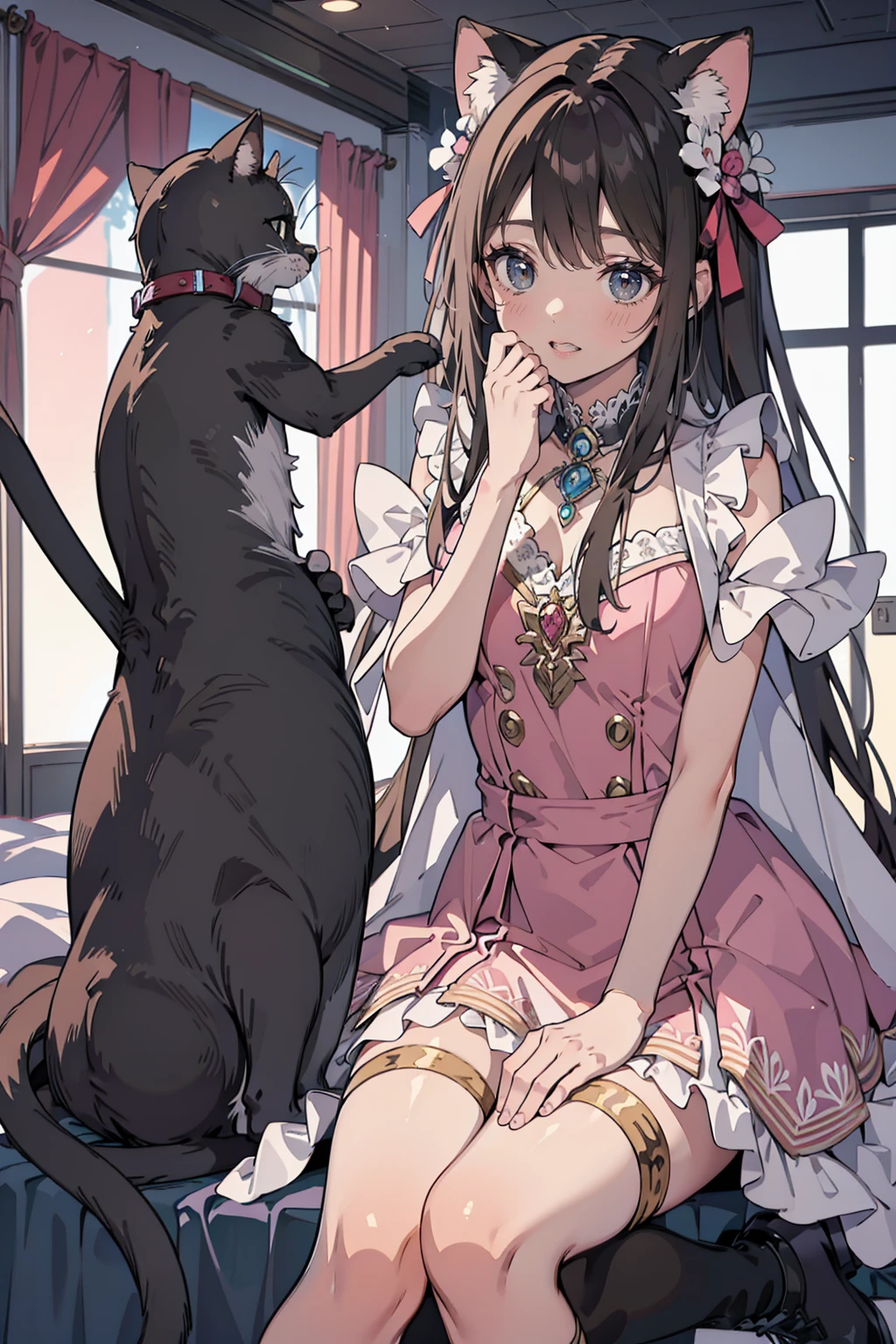 Anime Style、Storytelling、Very big cat、Petting a cat with your hand、Cat reaching out to girl、A girl with a fighting spirit and a cat、beautiful girl、とてもcute天使、Pink Gothic Dress、cute、、smile、Long skirt、Black long boots、Very cute headband、glaring at each other、They&#39;re about to fight、Fists and fists、Fighter、Dispute、bloody、Serious Fight、
