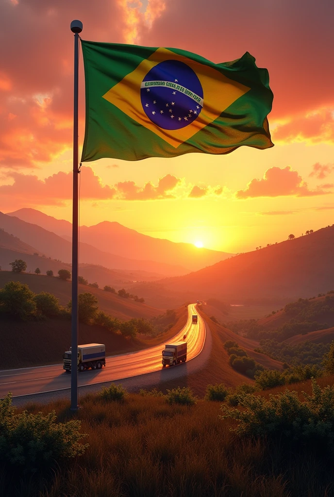  a pole with a Brazilian flag in a landscape with a sunset and on the road with realistic trucks
