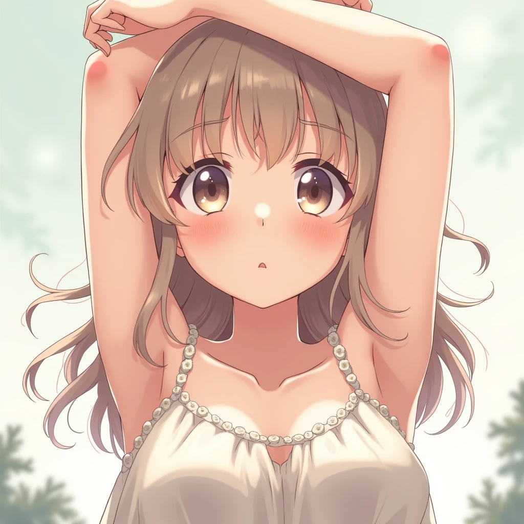 an anime woman in sundress raising arms and showing both her armpits in up close