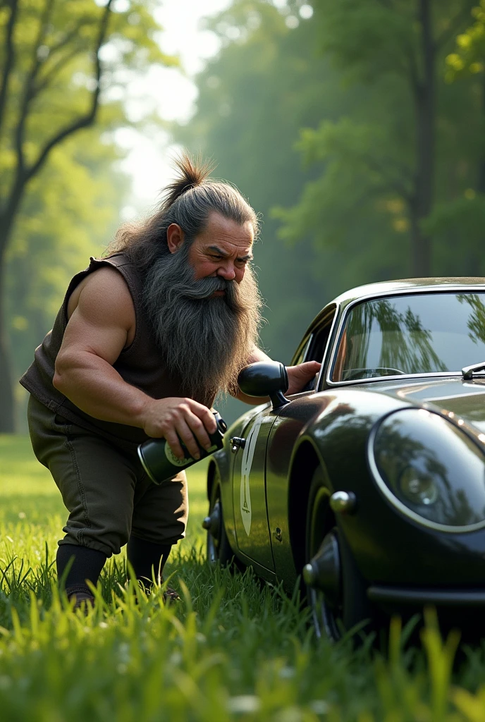 Create me an image of a short person with a long beard, that he is painting a black car with a spray can in the middle of a field between trees