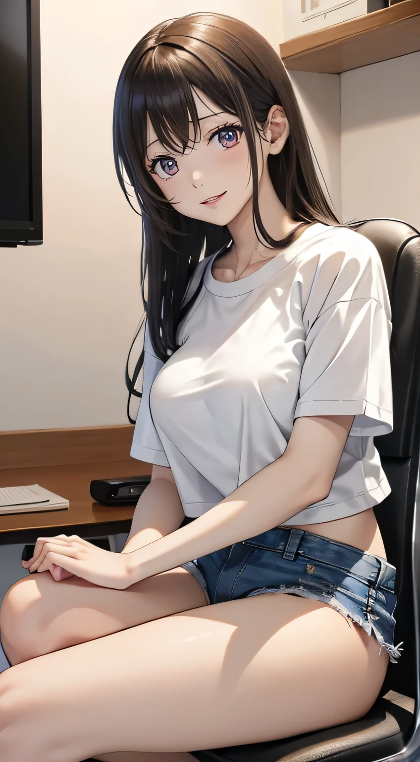 Young Japanese idol girl with long black hair, (Ample breasts). He is wearing a short-sleeved white T-shirt and denim shorts, Sitting on a chair in a TV studio. She is smiling warmly at the camera. Studio lighting can be seen in the background.