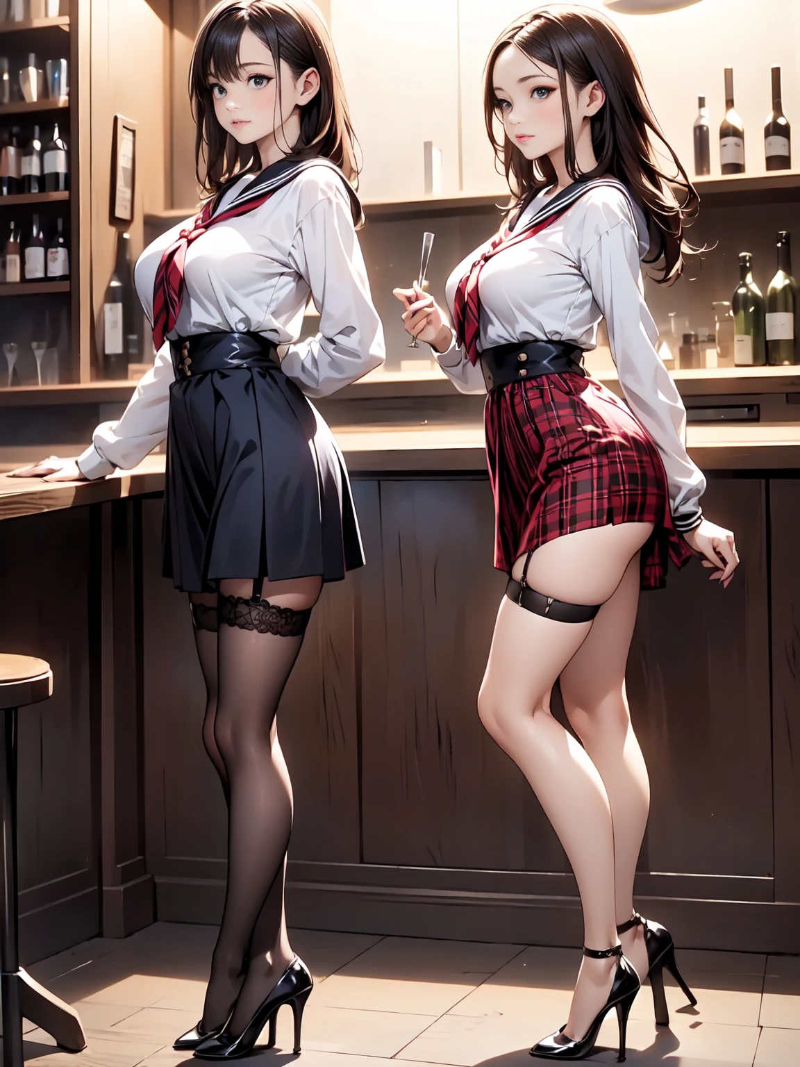 (masterpiece:1.3),(best quality, highest quality),((Full Body Shot,Including face)),1girl,Standing position,4K,masterpiece,((Focus on the face)),((Symmetrical facial features)),Beautiful woman,slender,Beautiful feet,((High heels,Garter Stockings)),Detailed depiction of the face,bar counter,uniform,Realistic,profile,Corset standing diagonally,Red check pattern long skirt,Sailor suit