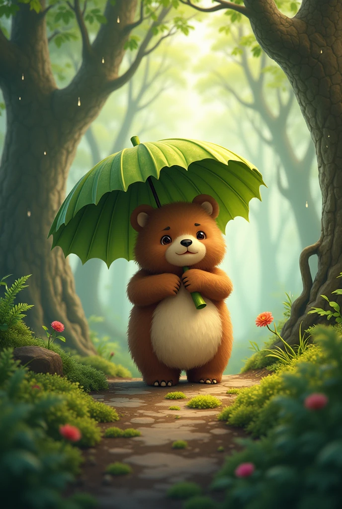 A fluffy little bear with a fantasy feel。Holding a leaf umbrella in the raastic rainy forest。