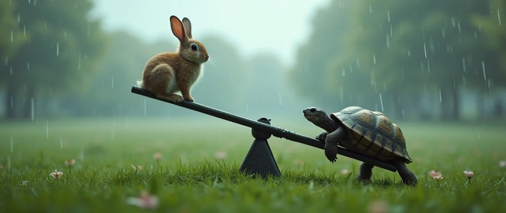Large grassy park。it&#39;s raining。There is only one seesaw in the middle。 On that seesaw、A rabbit and a tortoise are playing. No humans around. Far angle. The tortoise is heavier on the seesaw.、Going down