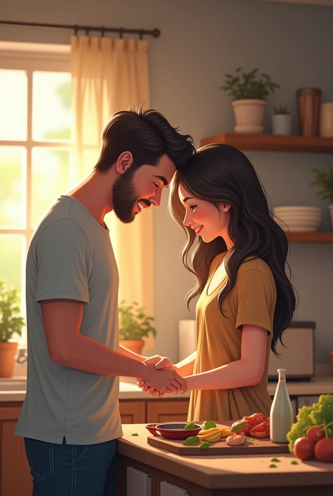 the young husband talks to his wife to prepare food
