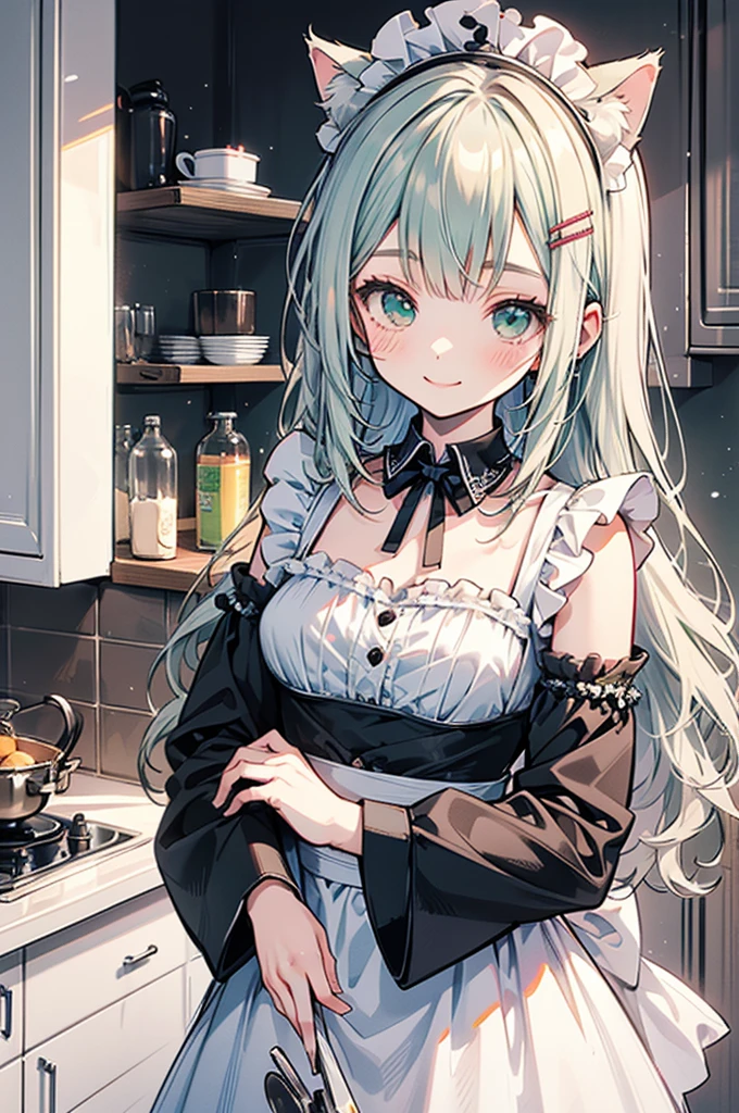 masterpiece,best quality,ultra detailed,((chibi style)),
hyper girlish boy,1shota,(pale_green wavy long hair),hairclip,cat ears,cat tail,smile,frilly camisole type maid costume,(Kitchen),((Maid's greeting)),