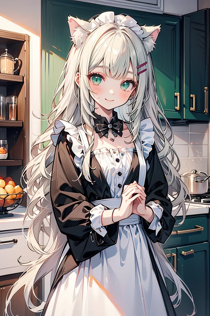 masterpiece,best quality,ultra detailed,((chibi style)),
hyper girlish boy,1shota,(pale_green wavy long hair),hairclip,cat ears,cat tail,smile,frilly camisole type maid costume,(Kitchen),((Maid's greeting)),