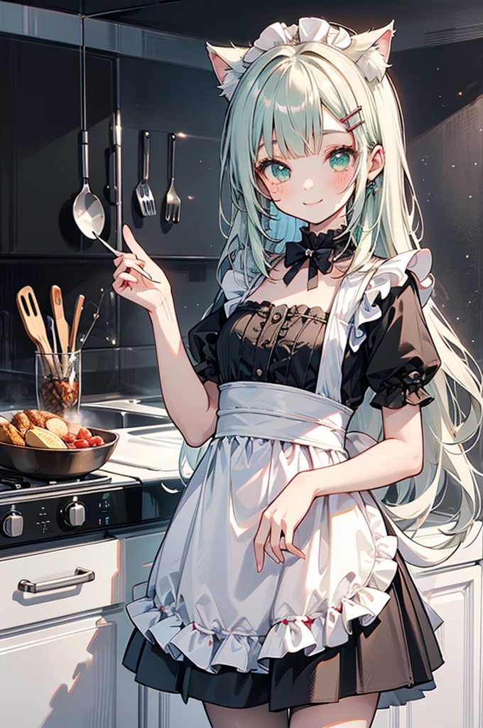 masterpiece,best quality,ultra detailed,((chibi style)),
hyper girlish boy,1shota,(pale_green wavy long hair),hairclip,cat ears,cat tail,smile,frilly camisole type maid costume,(Kitchen),((Maid's greeting)),