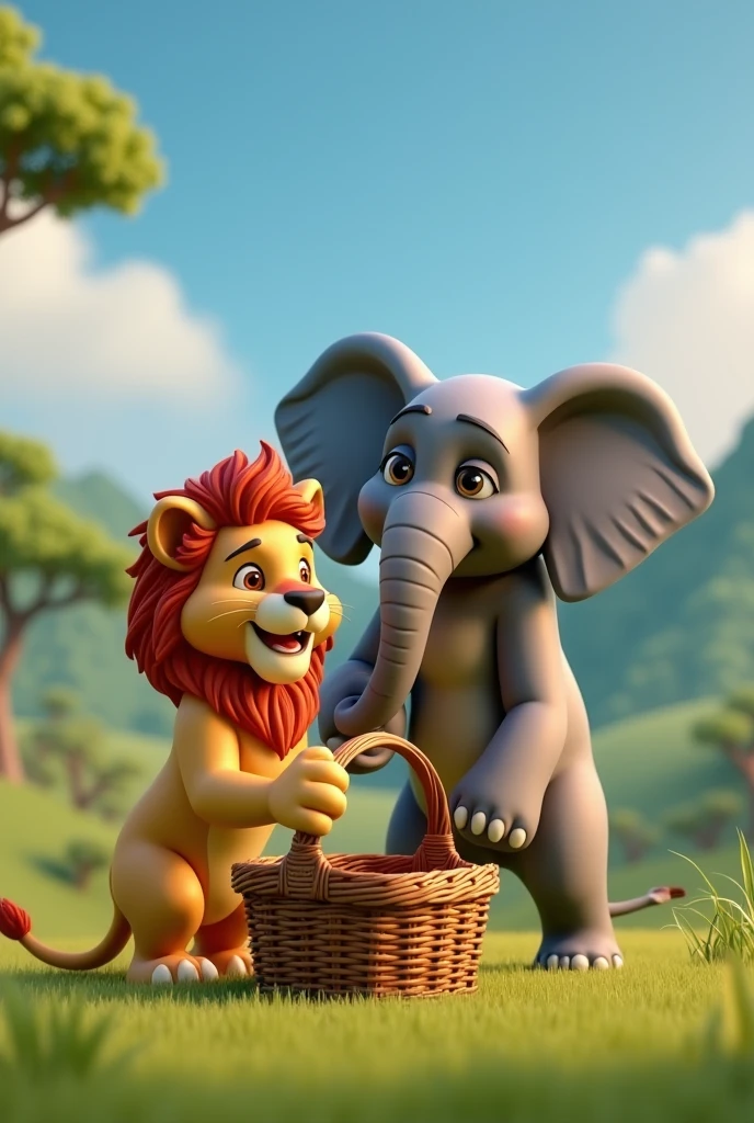 In 3d animation style"The lion opens the picnic basket eagerly, only to find it completely empty. His expression is one of surprise and confusion, while the elephant looks puzzled"