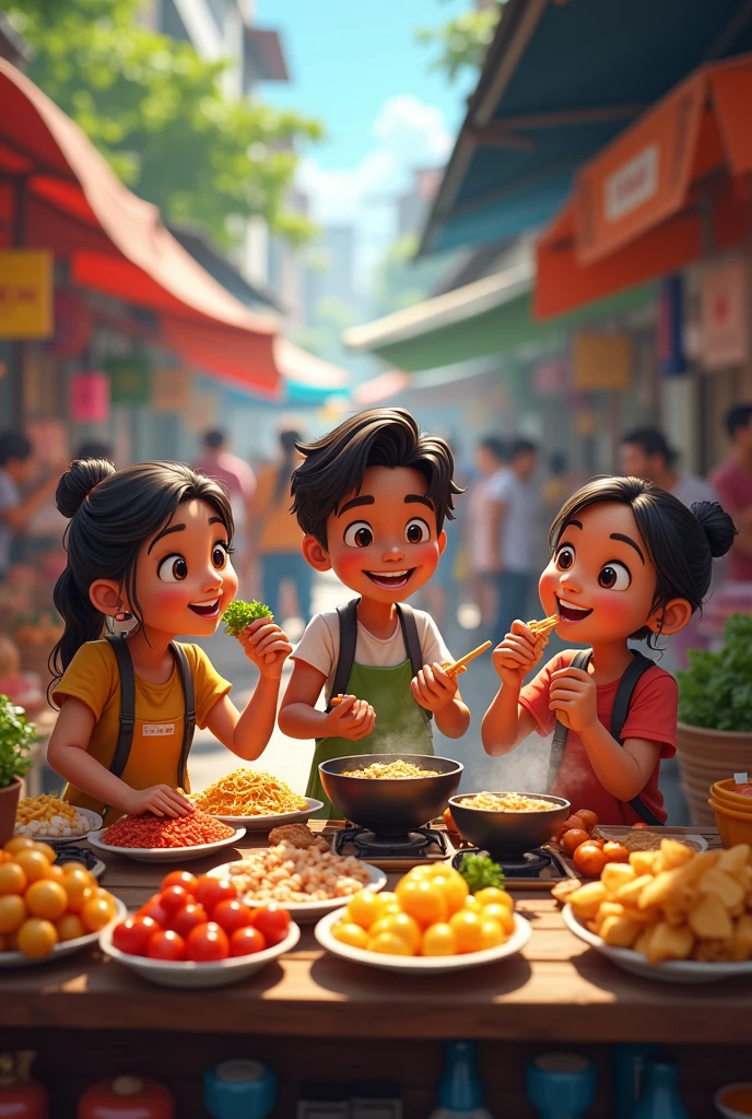 **Street Food Adventure**:
- Ashok, Gautam, and Ramen sampling various street food items at busy Thai food stalls. The scene is bustling with vibrant colors and food variety.