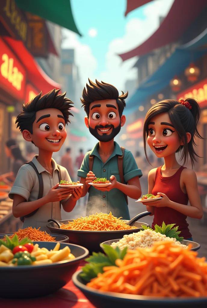 **Street Food Adventure**:
   - Ashok, Gautam, and Ramen sampling various street food items at busy Thai food stalls. The scene is bustling with vibrant colors and food variety.