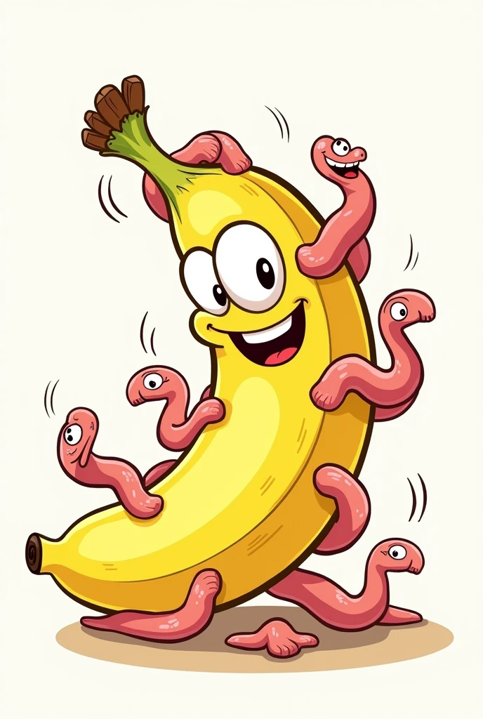 create me a drawing funny banana that's easy to illustrate, now add lots of worms around it