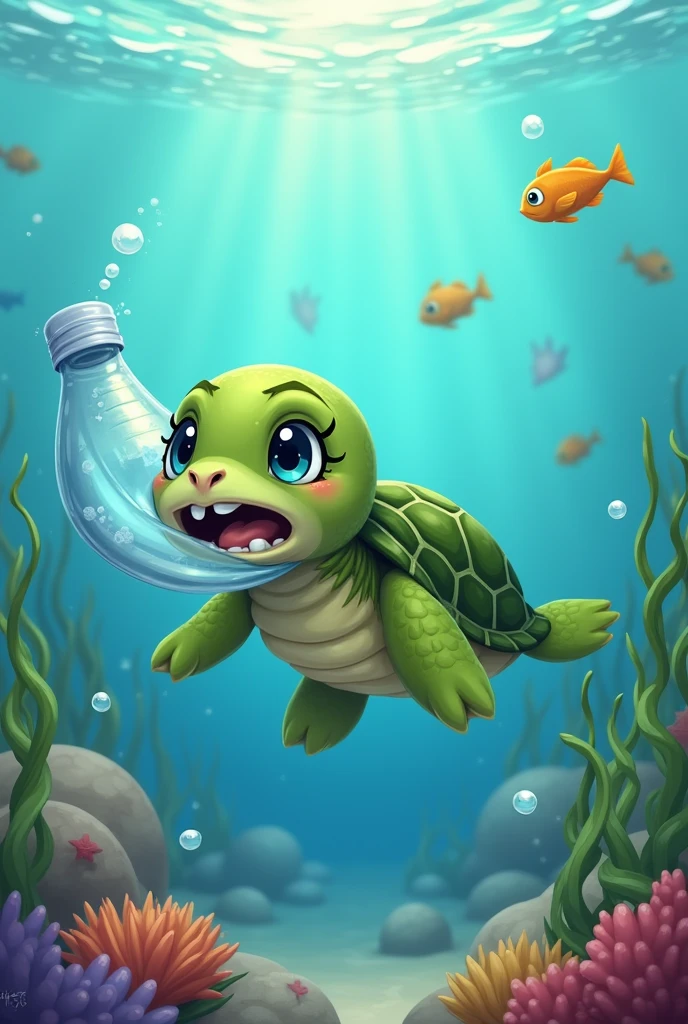 Drawing of a turtle swimming sideways in terror with a plastic bottle covering its mouth, the turtle must be cute