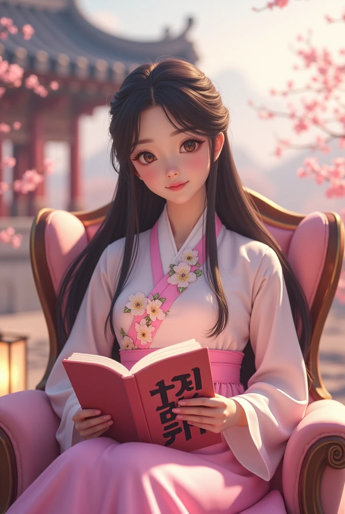 An 8K ultra high-definition cinematic rendering of a romantic anime-style medium shot of a girl with long, dark hair wearing a traditional Korean hanbok in soft pastel colors with delicate floral patterns. She has soft, expressive eyes and is gracefully seated in a whimsical armchair holding a book with the word “Meu conforto de Dorama” inscribed in bold black letters with a pink outline, set against a romantic, dreamy backdrop featuring subtle symbols of Korean culture, such as a gentle depiction of the roof of a traditional Korean palace, cherry blossoms, and soft lantern lights. The background is blurred and contains a soft representation of a traditional Korean palace roof, cherry blossoms, and soft lantern lights.1, Solo, Blushing, Looking at viewer, Black hair, High resolution, Masterpiece, Accurate, Best quality, Detail, HD model, Ultra HD, Long hair, Laughing, Blushing, Embarrassed, Ukiyo-e, 3D render, American propaganda poster, Art Nouveau, Cinematography, Hyperrealism, Hyperdetailed, Portrait photography,