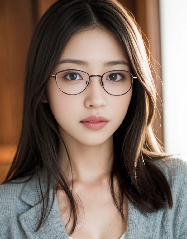 Tabletop、(masterpiece:1.3), (8k, Photorealistic: 1.4, RAW Photos, Best image quality: 1.4), Japanese Idols、Super detailed face、Attention to detail、Genuine、 double eyelid、Big and attractive eyes,Perfectly beautiful eyes、 Sharp focus:1.2、Beautiful woman:1.5、 Light brown hair、 Highest quality、masterpiece、Ultra-high resolution、Depth of written boundary、Perfect Shadow、(Photorealistic:1.4)、 Highly detailed and professional lighting、 Perfectly shaped、Symmetrical face、beautiful girl,Sharp focus, Perfect Anatomy,Realistic Light、business suit、skirt、classroom、Large black-rimmed glasses、realistic glasses、mole under the corner of the eye、