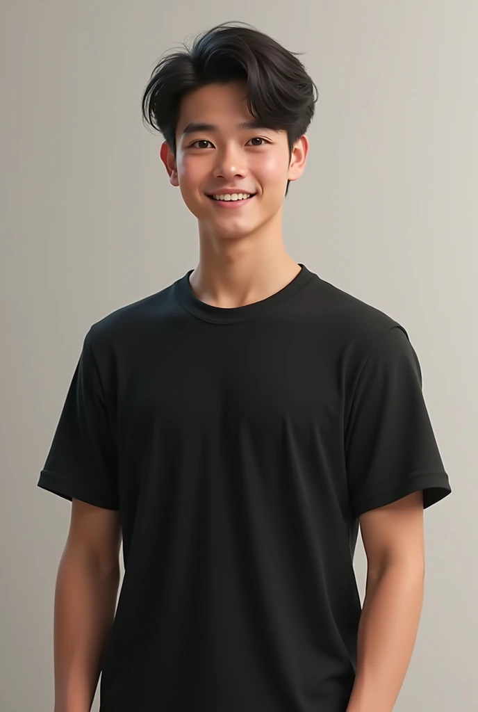 (photorealism:1.2),young man with so short hair wearing black t-shirt, standing and smiling
