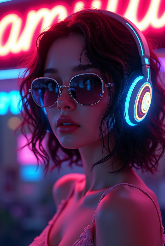 Brown hair . beautiful woman with curly hair Volume and sunglasses in headphones - earphone surrounding dark room neon cyberpunk at night coordinator neon glow,In the room the sign glows and shimmers in neon light"AMMULU"Anime style,Beautiful colors,Living picture,masterpiece,detailing